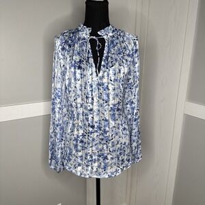 H&M Women's Floral Blouse Blue White Ruffle Neck Tie Front Long Sleeve L